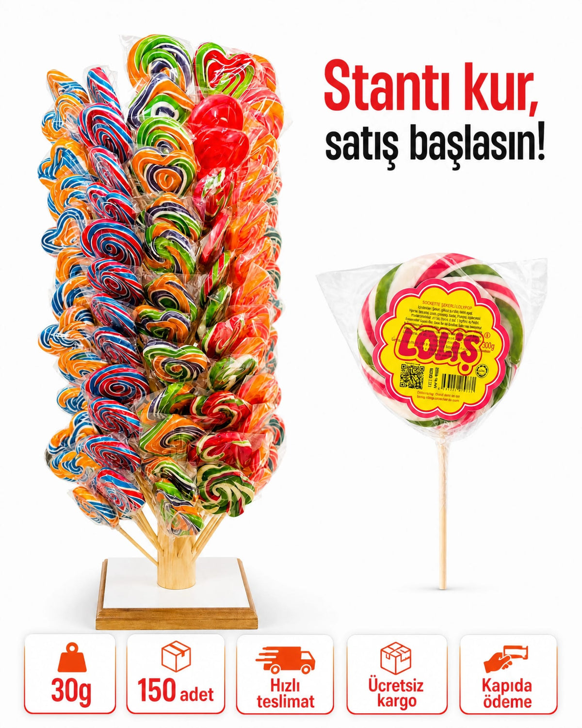 LOLİŞ® Sosyete Şekeri 30 Gr (150'li Kutu) Hediye Standlı
